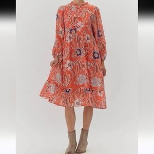 NWT Jodifl Floral Print Boho Midi Dress Viscose W Pockets Maxi Bishop Sleeves M